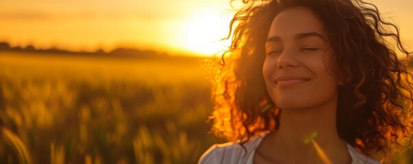 Beautiful girl smiles while standing on a field at golden hour. Generative AI