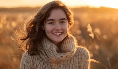 Beautiful girl smiles while standing on a field at golden hour. Generative AI