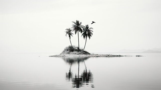 Isolated tropical island with palm trees and bird - A serene image showcasing a peaceful island with palm trees, gentle waters and a flying bird creating a tranquil scene