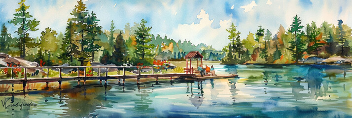 A traditional painting depicting a lake with a wooden dock extending into the water under a blue sky - obrazy, fototapety, plakaty