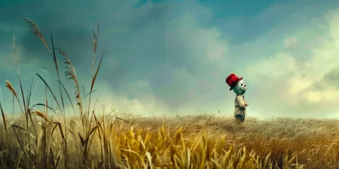 Rolgordijnen A cartoon character wearing a red hat is standing in a field of tall grass. The scene is peaceful and serene, with the character looking out into the distance © VicenSanh