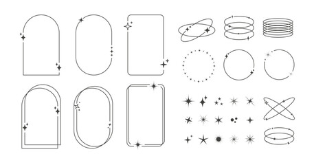 Modern minimalist aesthetic line elements set. Linear geometric frames and forms with stars.