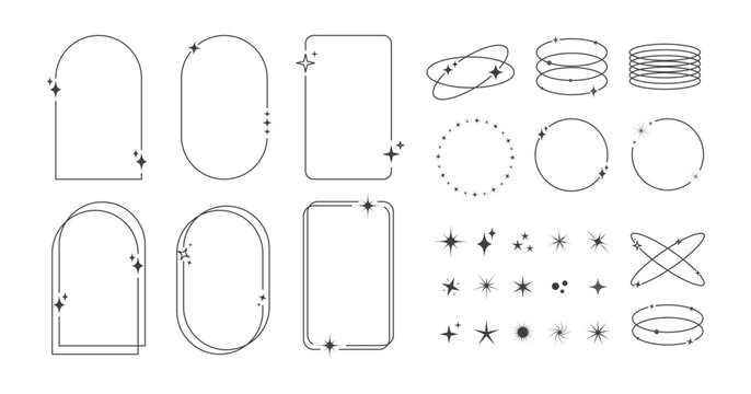 Modern minimalist aesthetic line elements set. Linear geometric frames and forms with stars.
