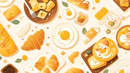 A bird s eye view illustration featuring a table adorned with croissants and plates The background showcases a delightful array of croissants and croissant pieces in a charming fla