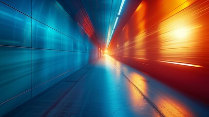 Futuristic blue yellow tunnel with light trails, underground illuminated city life diminishing perspective dark
