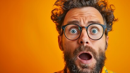 Funny man with glasses and beard on orange background, fun mustache eyeglasses lifestyle making a face