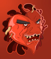 Wicked red bad heart with worms in it cartoon vector layer illustration