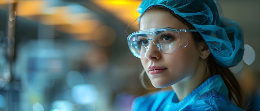 Surgeon in blue scrubs performing microsurgery under specialized lighting in operating room. Concept Healthcare, Surgery, Medical Technology, Operating Room, Specialized Lighting