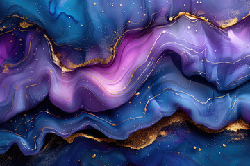 Abstract purple and blue background with golden swirls, digital art style, dark white and light gold. Created with Ai