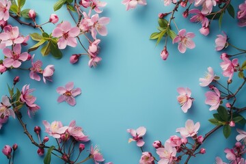 Beautiful spring nature background with lovely blossom, petal a on turquoise blue background , top view, frame. Springtime concept