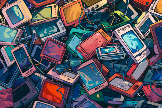 A cartoon of a pile of discarded electronic devices leaking harmful substances, representing the issue of electronic waste.