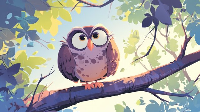 A comical cartoon owl perched on a tree branch