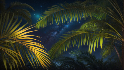 Glimpse of the tropical night sky peeking through vibrant palm leaves.