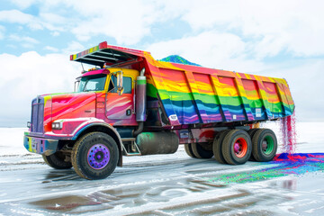 A dump truck that collects and transports rainbows. Its cargo bed spills out vibrant colors wherever it goes