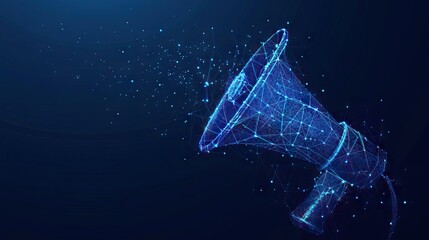 Glowing polygonal megaphone on blue background. Communication and raising public awareness concept, 3D Rendering. AI generated illustration - obrazy, fototapety, plakaty