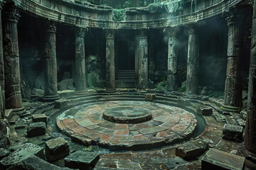Concept art of an ancient temple interior with pillars and circular platform in the center. Created with Ai - obrazy, fototapety, plakaty