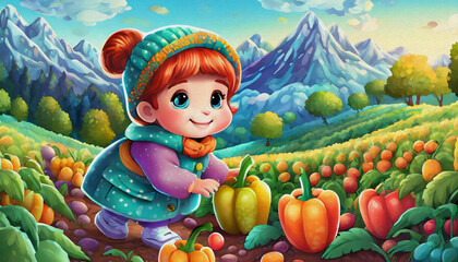 Fototapeta na wymiar OIL PAINTING STYLE CARTOON CHARACTER CUTE BABY Children Exploring a vegetables Patch on a Chilly Autumn Day, 