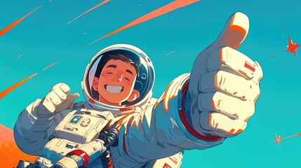 The astronaut enthusiastically gives a thumbs up in this vibrant cartoon illustration