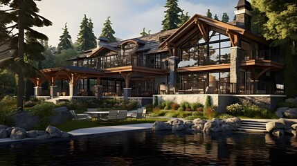 3d rendering of modern cozy chalet with pool and parking for sale or rent. Massive timber beams...