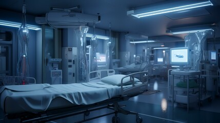 3d rendering of a hospital room with bed in the foreground.