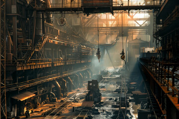 A scene where steelworkers and machinery perform a symphony, their movements and sounds creating a harmonious ode to industry