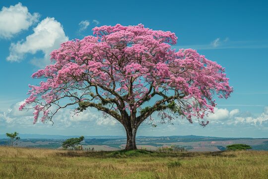 Witness the enchanting beauty of a majestic pink Ipê tree in full bloom, as its soft pink flowers gracefully contrast with deep green leaves under the serene azure sky