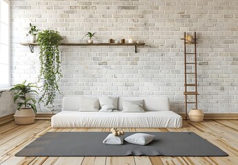 Minimalist home gym with yoga mat, sofa and shelf against a white brick wall, depicting a modern fitness studio interior design concept