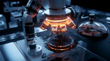 Scientific Microscope in Laboratory. 3D Rendering, 3D illustration.