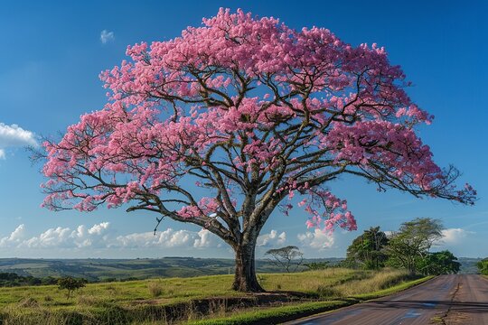 Witness the enchanting beauty of a majestic pink Ipê tree in full bloom, as its soft pink flowers gracefully contrast with deep green leaves under the serene azure sky