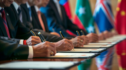 International Delegates Hands Writing Notes with Global Flags in Background