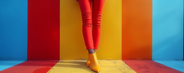Legs in red pants and yellow shoes on multicolor surface