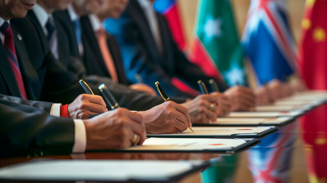 International Delegates Hands Writing Notes with Global Flags in Background
