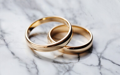 gold wedding rings on marble background