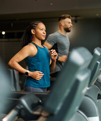 Fototapeta na wymiar gym sport fitness exercise health healthy woman treadmill training running equipment fit machine active workout body man activity athlete cardio run club