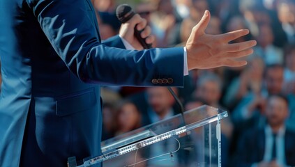 Close up of a man in a blue suit giving a speech at a business conference or town hall, with people blurred in the background Generative AI - obrazy, fototapety, plakaty