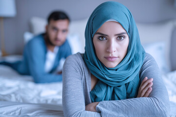 Arab woman sad in bedroom, her husband is leaning on the bed
