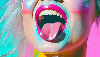 lippen, zähne, zunge, close up, pink, rosa, türkis, farbe, artwork, design, rausgestreckt, lachen, frau, neu, modern, schön, y2k, neon, copy space, gesicht