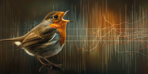 Data about animals in nature - A bird singing and data collection of the sound waves - obrazy, fototapety, plakaty