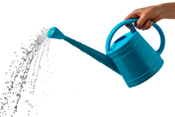 A blue plastic watering can in hand isolated on a white or transparent background. Close-up of the watering can in hand, watering plants, flowers, and seedlings, side view. Graphic design element.