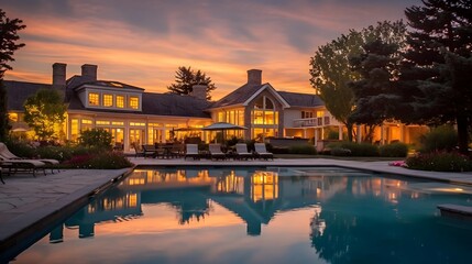 Sunset at a luxury home with swimming pool in the foreground.