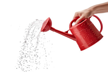 A red plastic watering can in hand isolated on a white or transparent background. Close-up of the watering can in hand, watering plants, flowers, and seedlings, side view. Graphic design element