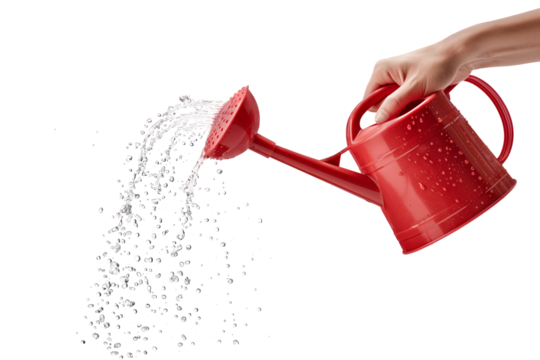 A red plastic watering can in hand isolated on a white or transparent background. Close-up of the watering can in hand, watering plants, flowers, and seedlings, side view. Graphic design element - Powered by Adobe
