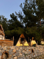  A-frame wooden cabin in forest 