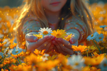 A child picking flowers in a meadow, delighted by the vibrant colors and fragrances of the blooming flora. Concept of innocence and appreciation for nature. Generative Ai. - obrazy, fototapety, plakaty