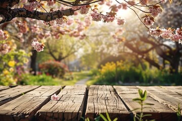 Spring Table With Trees In Blooming And Defocused Sunny Garden In Background