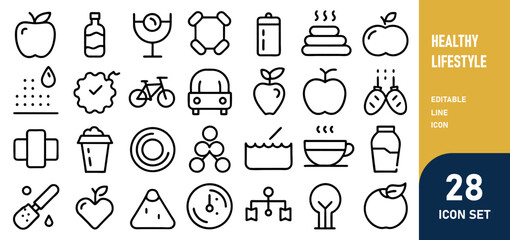 Healthy Lifestyle Line Editable Icons set. Vector illustration of modern thin line style icons of the components of a healthy lifestyle the mode of work and rest, physical activity, and a diet