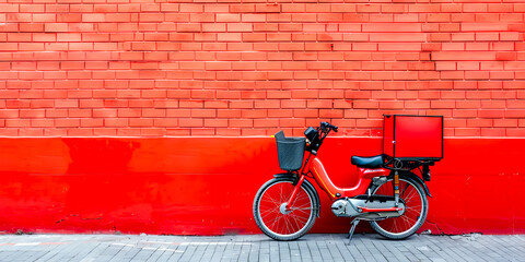 A red bike is parked in front of a red brick wall