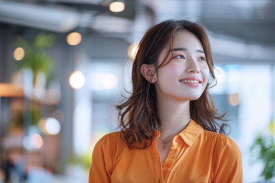 Side view of an Asian business woman happy at office talking to someone - Powered by Adobe