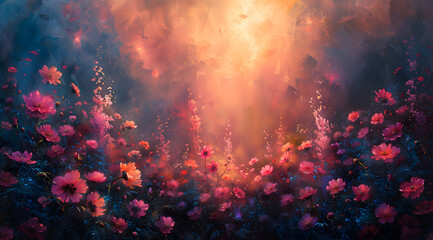 Ethereal Illumination: Oil Painting Revealing a Mystical Garden of Glowing Flora and Butterflies