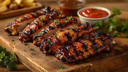 Savor a flavorful BBQ meal with spicy chicken roasted wings and tasty sauce. Concept BBQ recipes, Spicy chicken wings, Tasty sauce, Flavorful meals, Cooking tips - obrazy, fototapety, plakaty